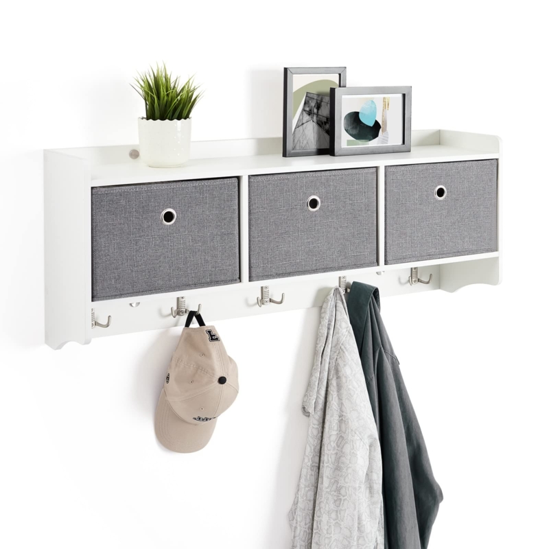 Modern White Wall Mounted Coat Rack with Fabric Storage Bins and Hooks