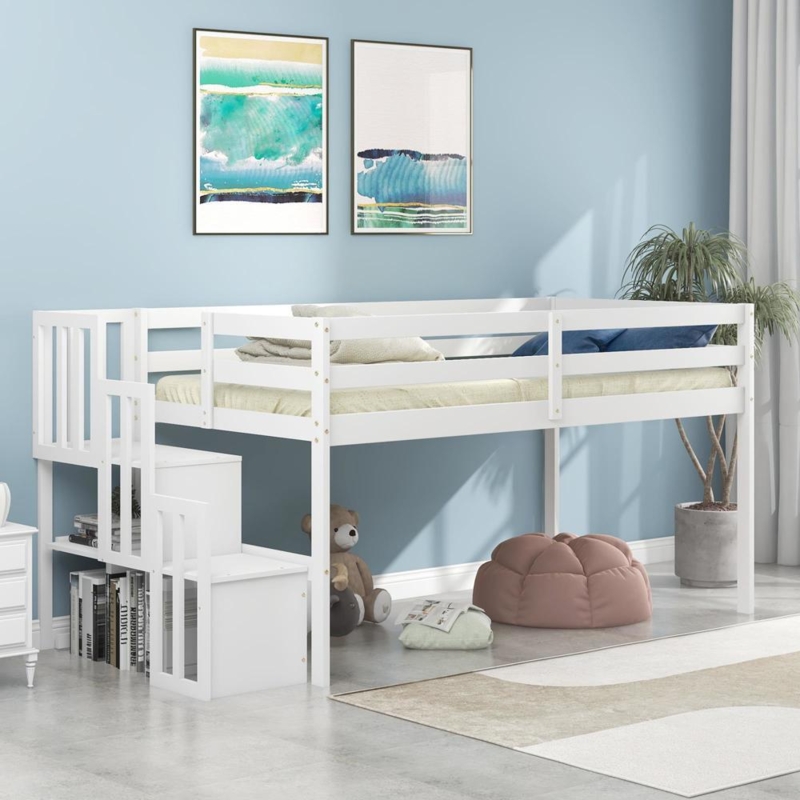 Modern Wood Low Loft Bed with Slatted Storage Staircase