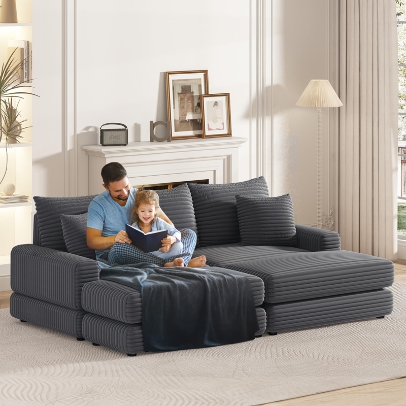 Modular Chaise Lounge, Ribbed Corduroy, Deep Seat, Slate Grey