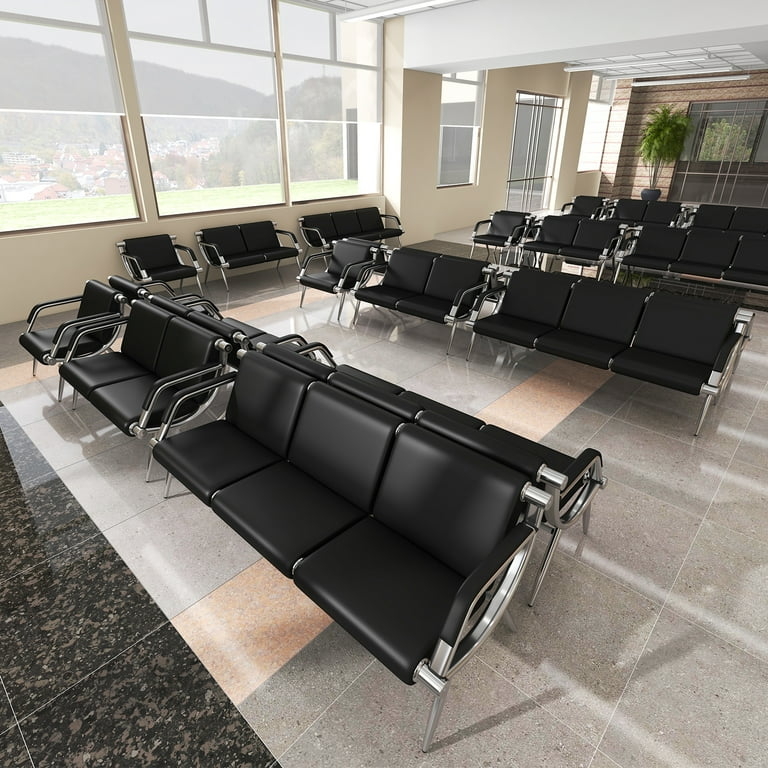 Modular Commercial Seating Black PU Leather Chrome Frame Waiting Bench