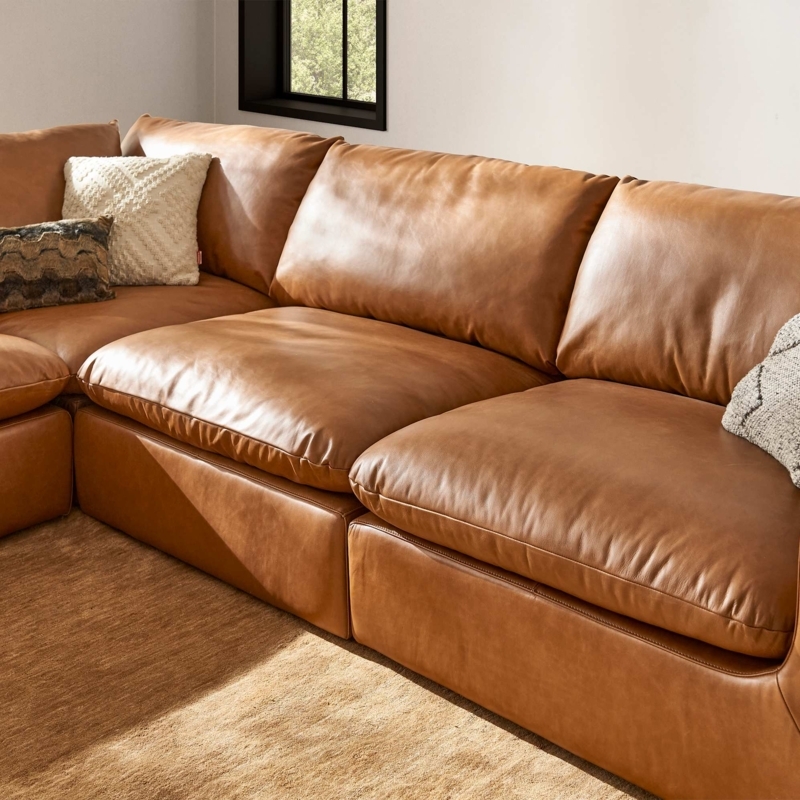 Modular Leather Sectional Tobacco Tan Top Grain Piped Edge Detailing
