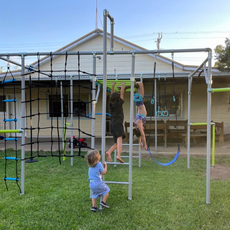 Modular Monkey Bar Set with Silver Fireman Pole, Cargo Net attachment