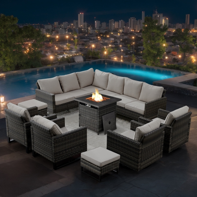 Modular Outdoor Set Wicker with Integrated Fire Pit and Swivel Base Seating