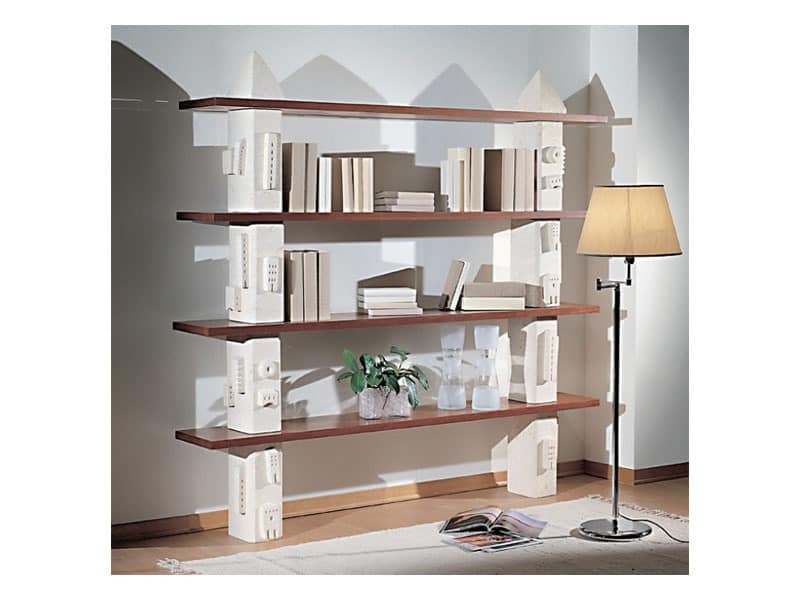 Modular Sculpted Stone and Wood Bookcase with Pyramid Tops
