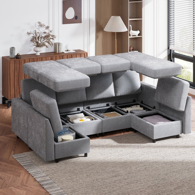 Modular Sectional: Light Grey Fabric with Flip Top Seats and Built-In Storage