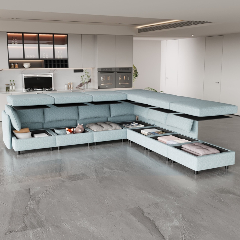 Modular Sectional Sofa in Pale Blue with Floating Backrest Design
