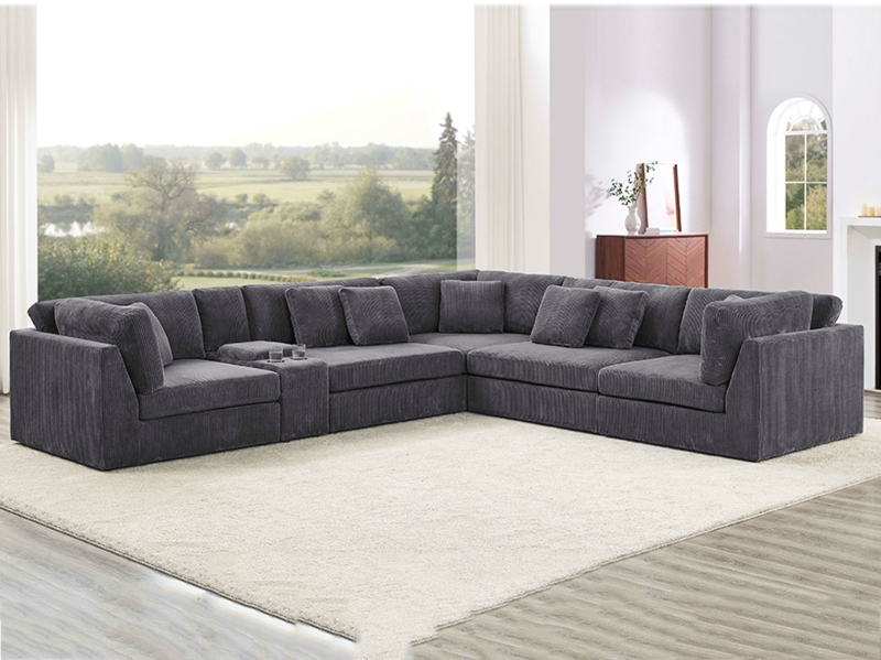 Modular Sectional Sofa with Ribbed Texture and Integrated Cup Holders