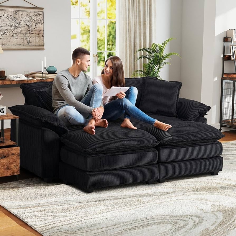 Modular Sofa, Deep Corduroy with Ottoman, Black