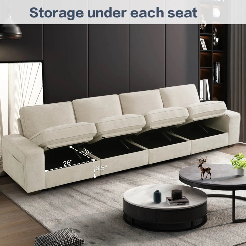Modular Sofa in Cream Beige with Track Arms and Storage