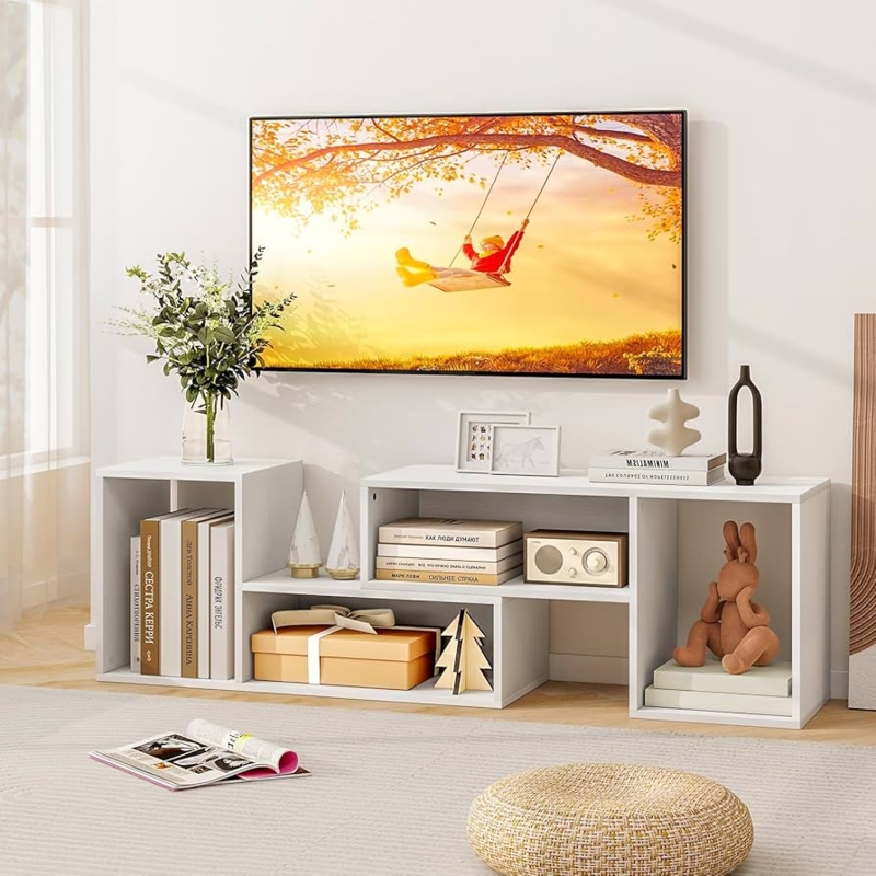 Modular TV Stand, Asymmetrical White Media Console, Open Shelving.