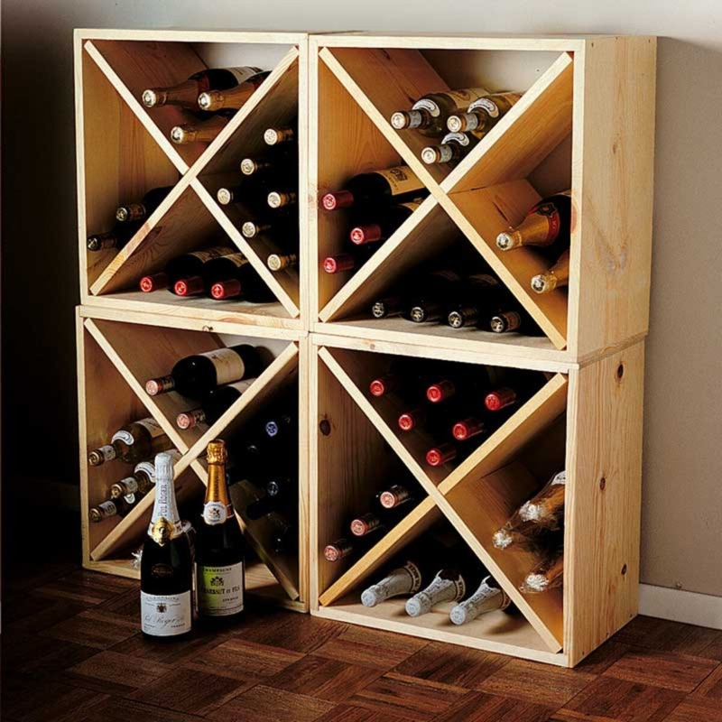 Modular Wine Rack Cubes, Unstained Pine with X-Divider Inserts.