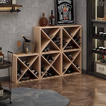 Modular Wine Rack with X-Frame Dividers in Natural Wood Tone.