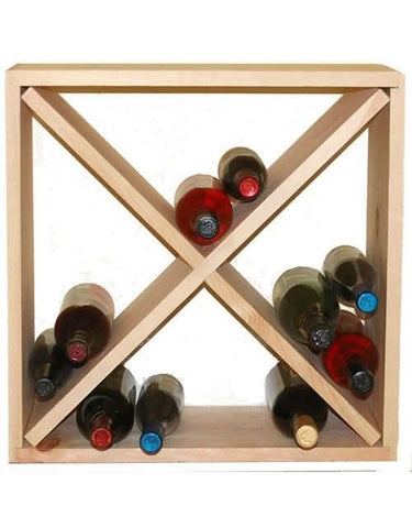 Modular Wine Rack with X-Shaped Divider in Natural Beige Wood Tone.