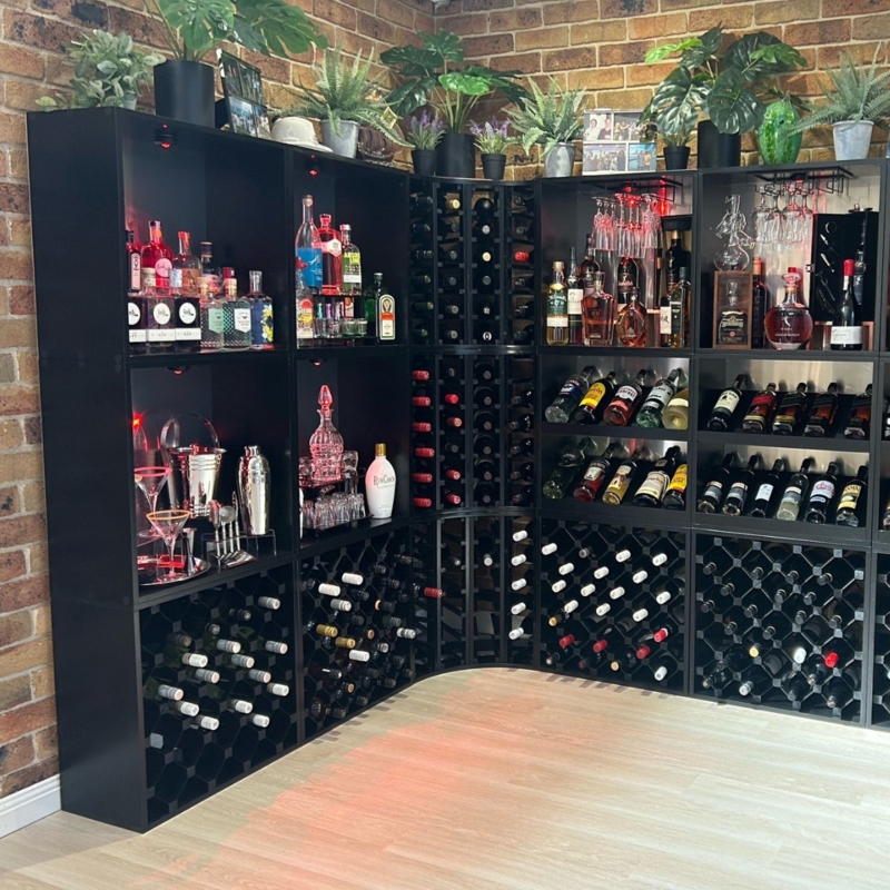 Modular Wine Storage System with Diamond Wine Racks in Matte Black.