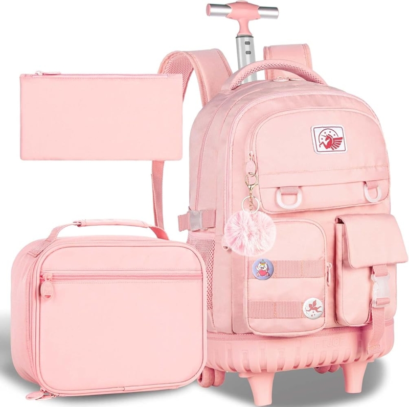 Monochromatic Pink Rolling Backpack Set with Lunch Bag