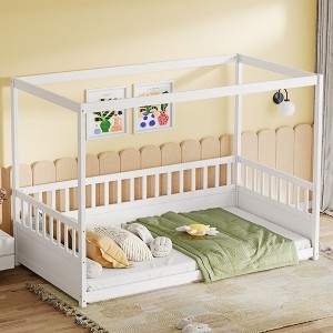 Montessori Canopy Floor Bed with White Picket Style Safety Rails