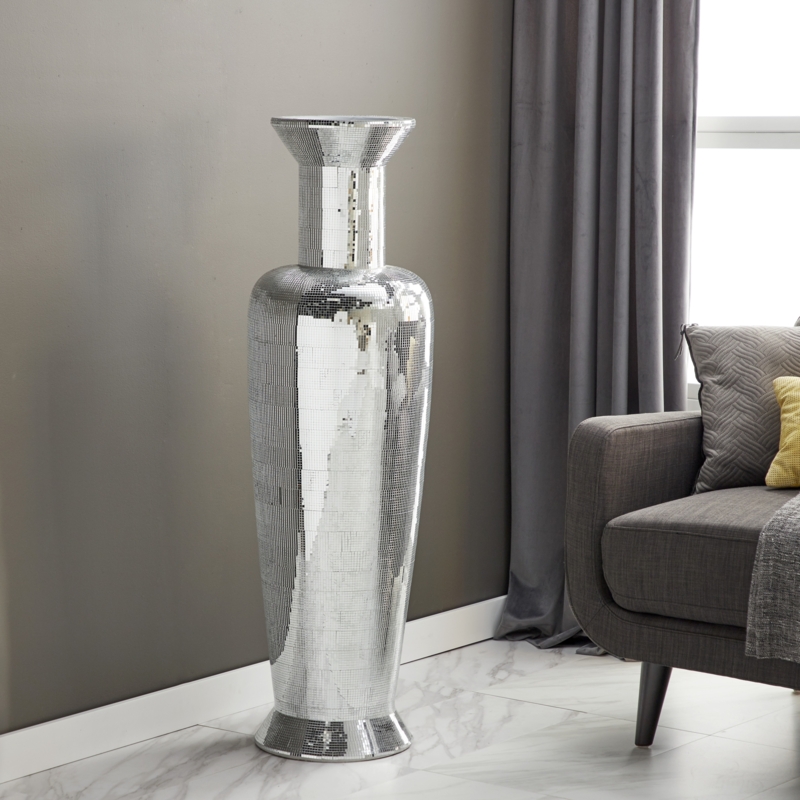 Mosaic Tile Floor Vase: Silver Reflective Tall Accent