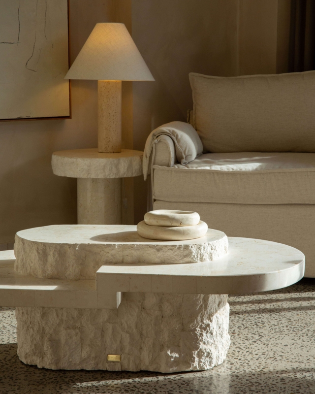 Multi-Tiered Coffee Table, Fossil Stone, Rough Hewn, Organic Modern.