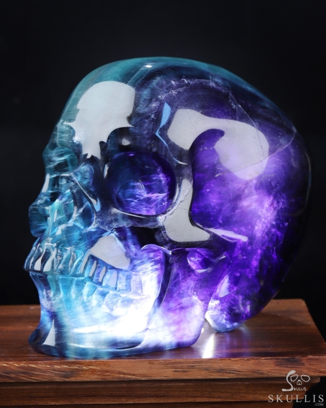 Multicolor Fluorite Crystal Skull Lamp, Hand Carved Gemstone