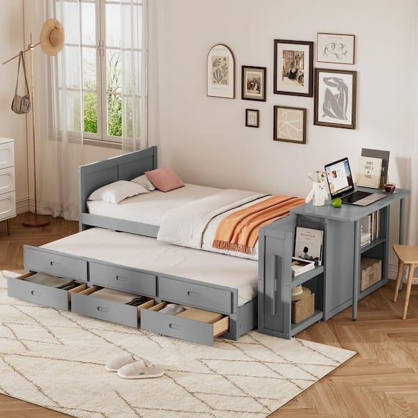Multifunctional Platform Bed with Integrated Desk and Storage Drawers