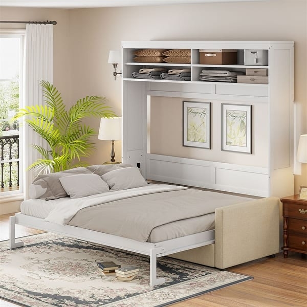 Murphy Bed White Queen Size Integrated Shelving Wall Unit