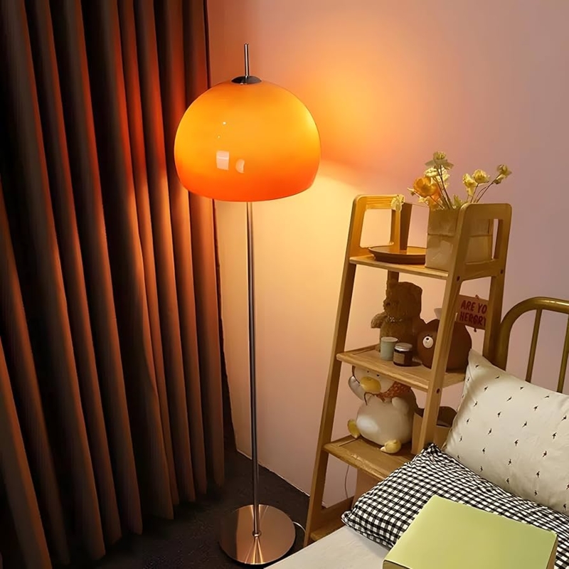Mushroom Floor Lamp Chrome Pole Domed Glass Mid-Century Ambient Lighting