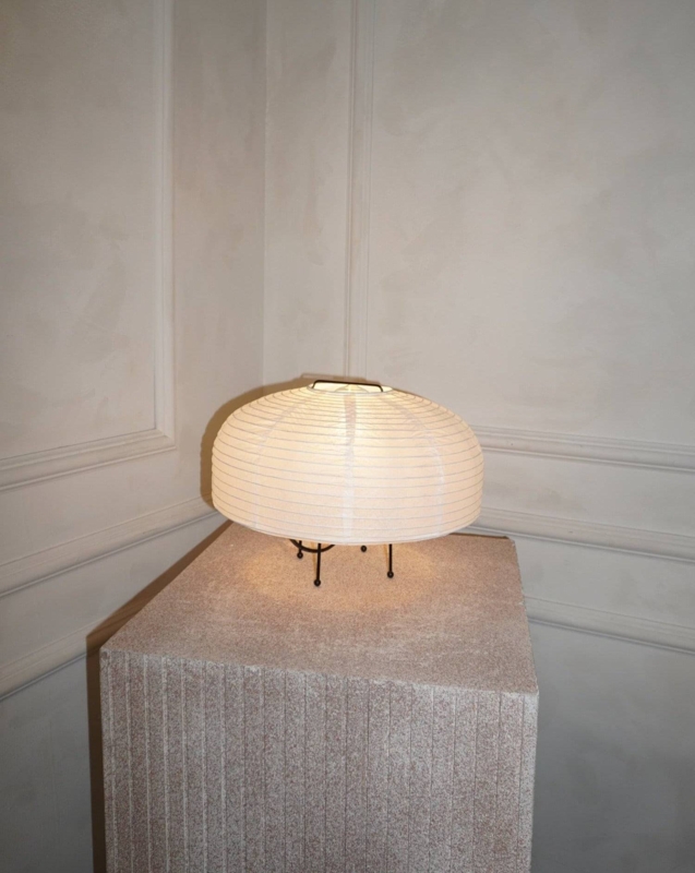 Mushroom Paper Table Lamp, Ribbed Shade on Fluted Stone-Like Pedestal