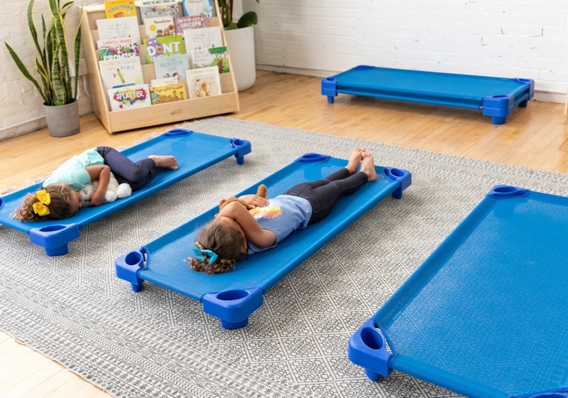 Nap Cot, Sky Blue Mesh, Stackable Design, Raised Legs.