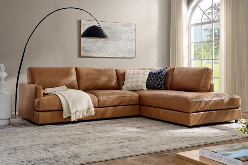 Nappa Leather Sectional Cognac Bumper Chaise Wide Seat Leather Sofa