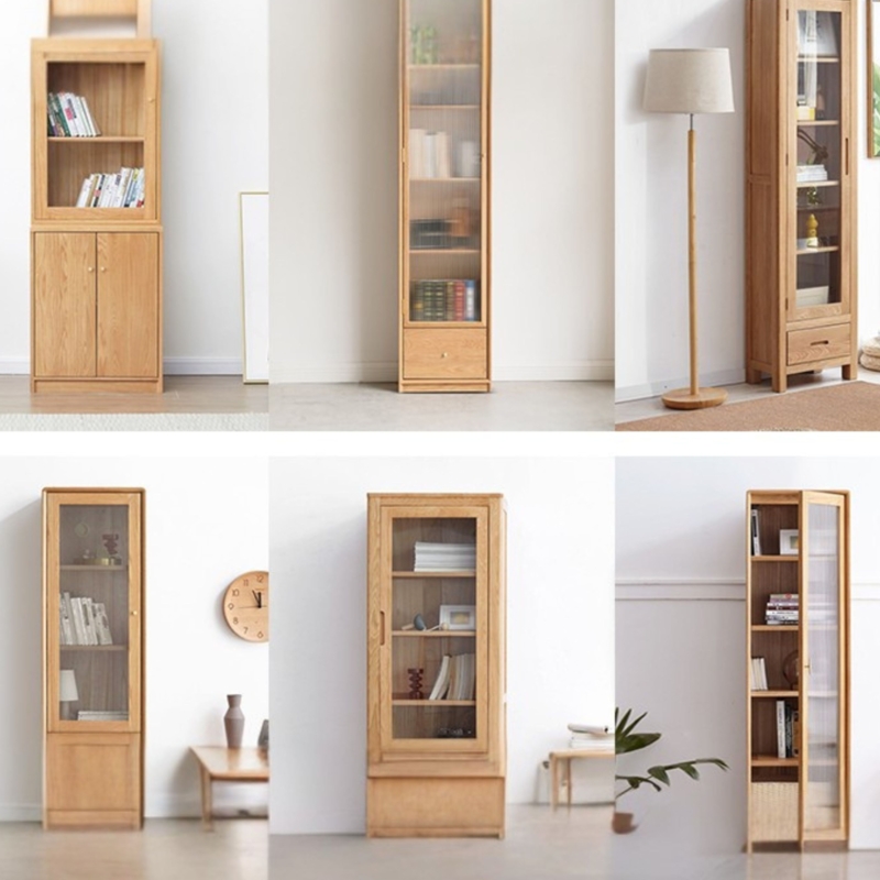 Narrow Bookcase, Fluted Glass Doors, Japandi Style