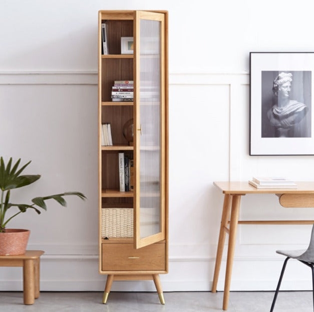 Narrow Cabinet, Fluted Glass Door, Gold-Capped Feet