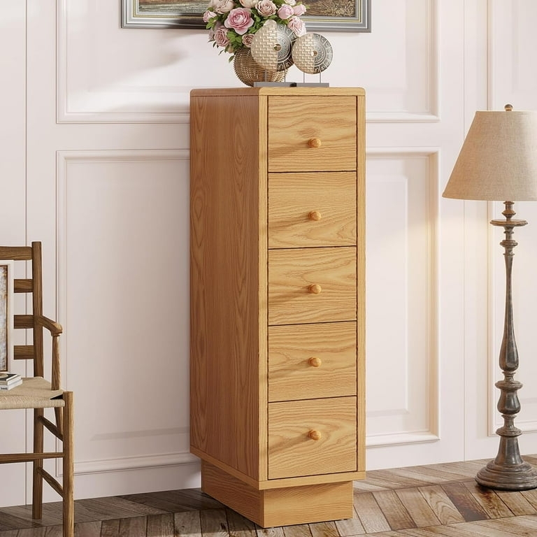 Narrow Dresser Slim Profile Vertical Storage Warm Oak Transitional