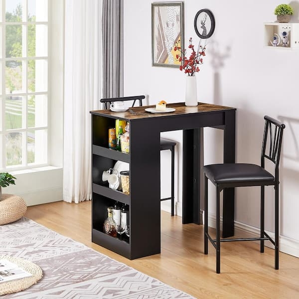 Narrow Kitchen Bar Table Set Matte Black Wood Space Saving Design
