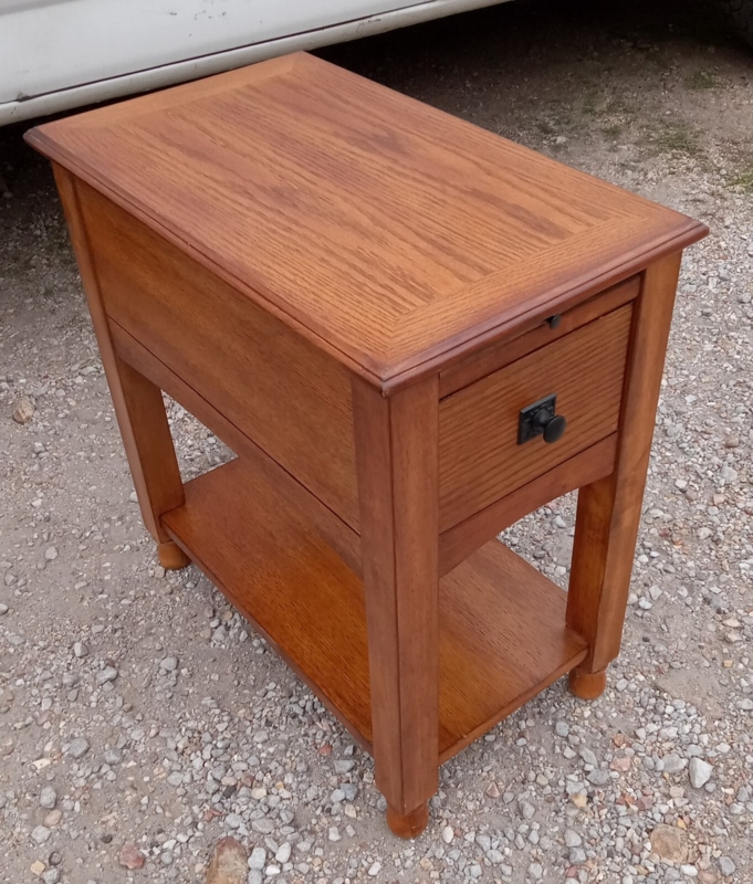 Narrow Oak Side Table Mitered Top Single Drawer Shelf