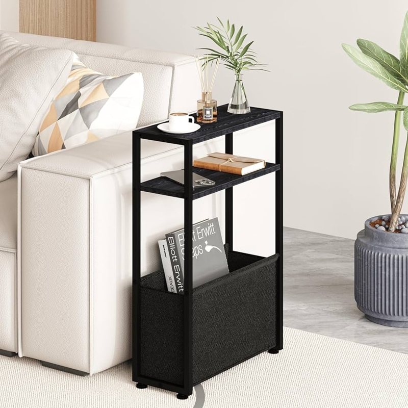 Narrow Side Table Matte Black Metal with Integrated Magazine Rack