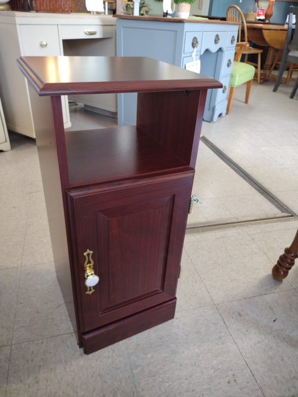 Narrow Storage Cabinet with Open Cubby and Ornate Brass Handle
