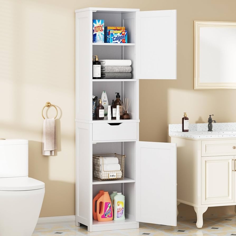 Narrow Tall Storage Cabinet with Recessed Panels and Central Drawer