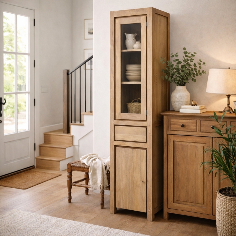 Narrow Wood Display Cabinet Solid Lower Door Slim Profile Rustic