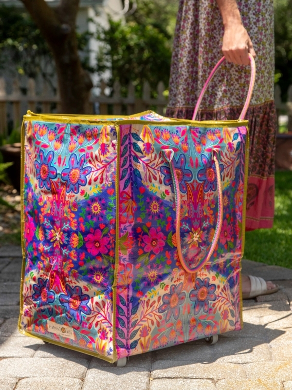 Natural Life XL Rolling Tote Bag - Royal Blue Folk Flower