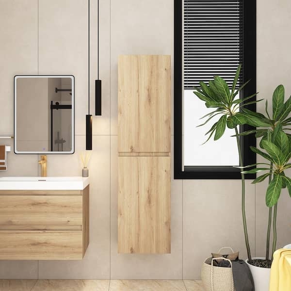 Natural Oak Linen Cabinet with Handleless Floating Design.