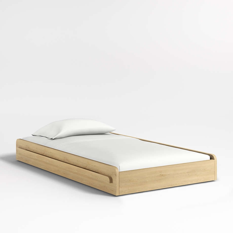 Natural Oak Trundle Bed with Rounded Corners and a Low Profile Design.