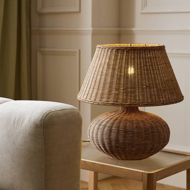 Natural Rattan Table Lamp with Woven Cane Gourd Base and Tapered Shade