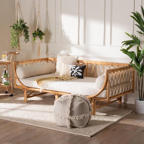 Natural Rattan Twin Daybed, Curved Rattan Frame, Open Weave Sides