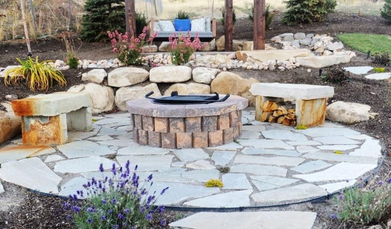 Natural Stone Bench with Integrated Wood Storage