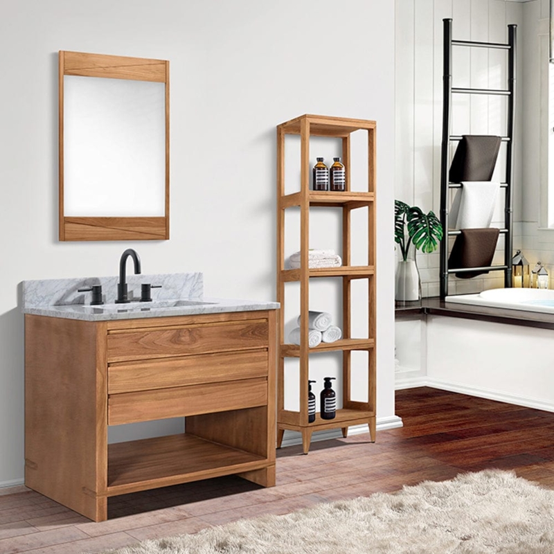 Natural Teak Bathroom Vanity with Marble Top and Open Storage Shelf