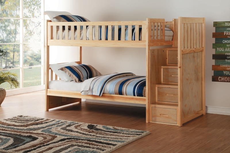 Natural Wood Bunk Bed with Integrated Staircase and Storage Drawers