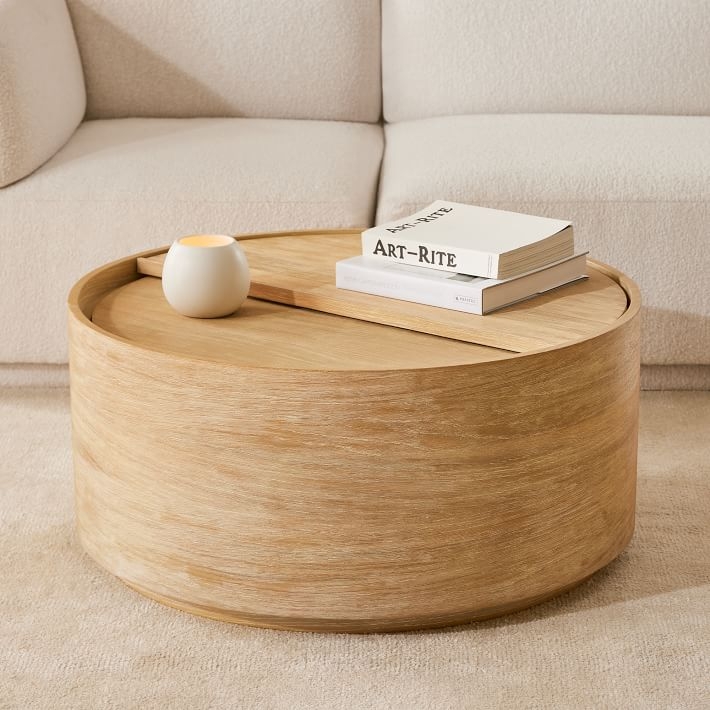 Natural Wood Drum Coffee Table with Unique Sliding Lid Storage