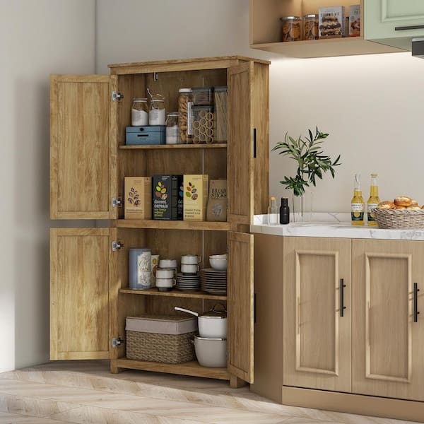 Natural Wood Pantry Cabinet with Four Framed Panels