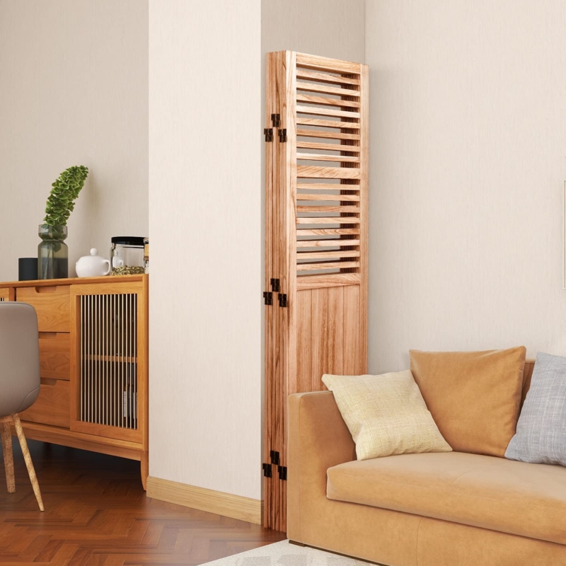 Natural Wood Room Divider Louvered Slats 6 Panel Folding Japandi Style