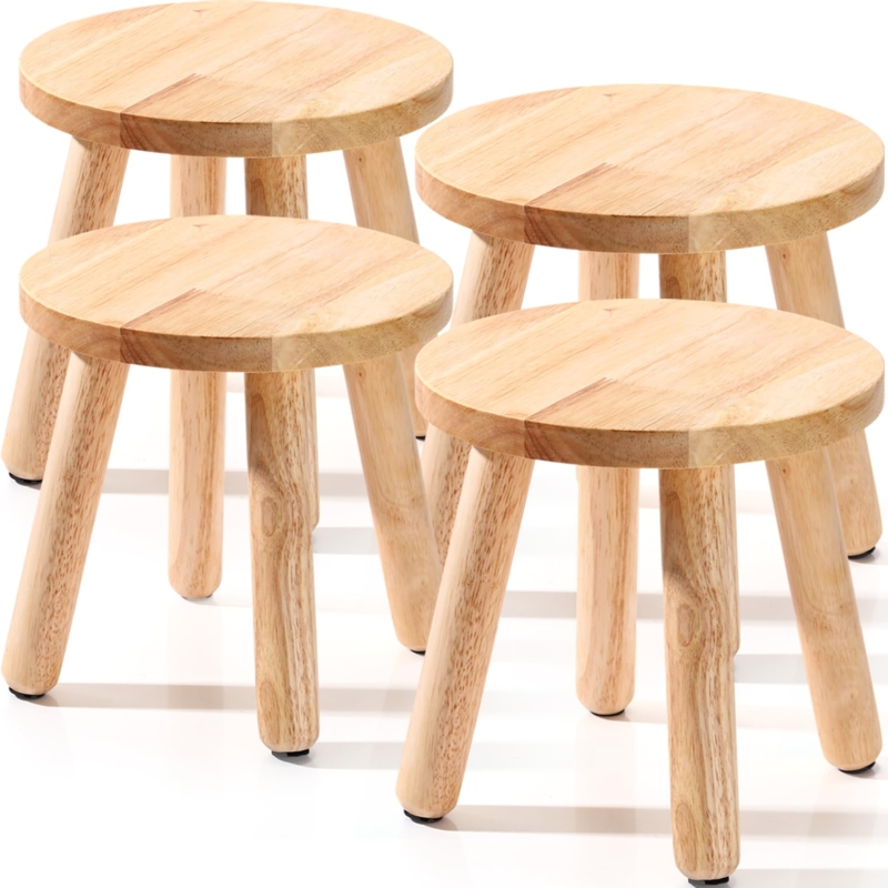 Natural Wood Stools Set of Four Round Seat Minimalist Splayed Legs